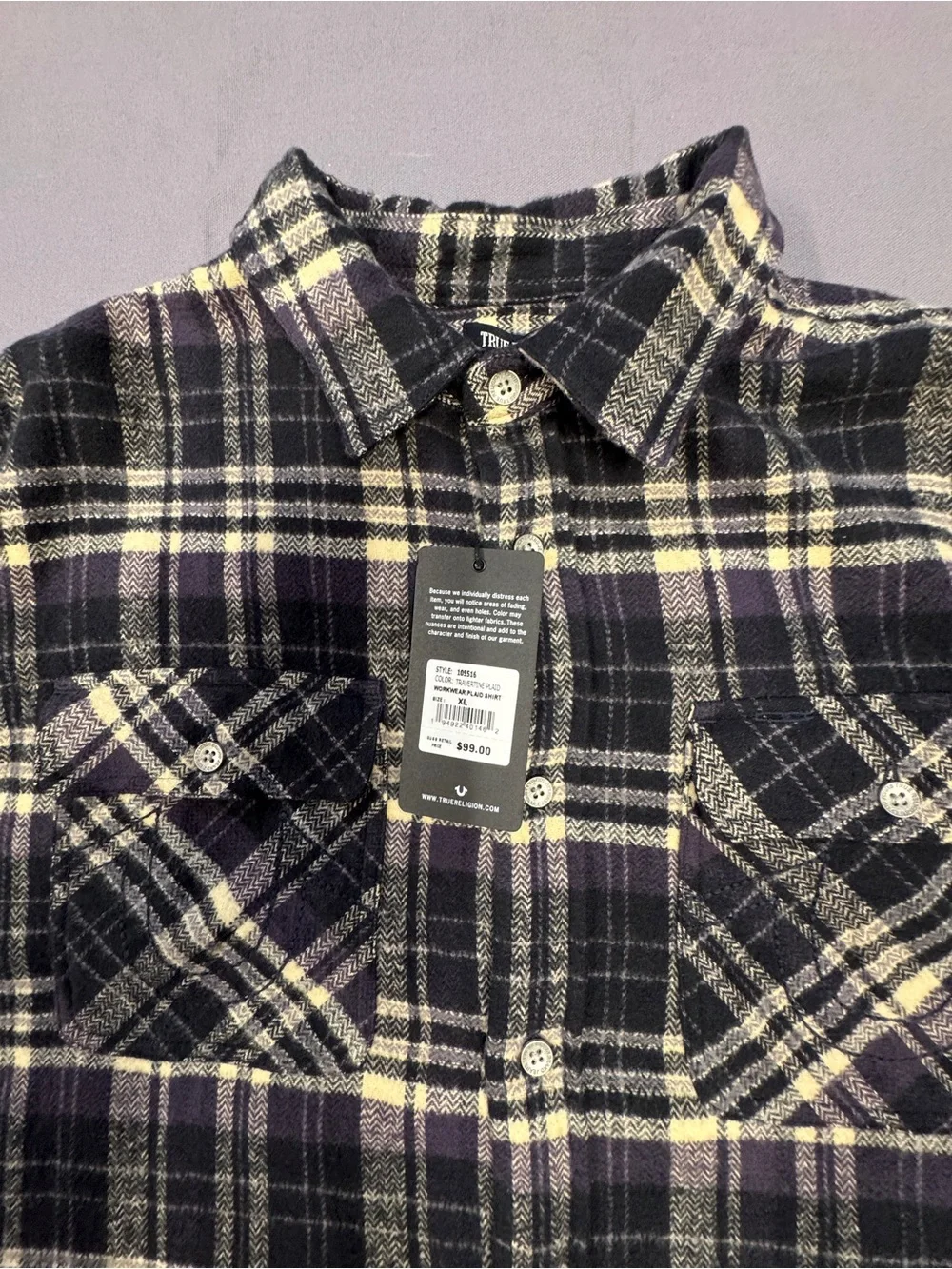 NWT True Religion Travertine Purple/Black Plaid Flannel XL Large Logo On Back 05